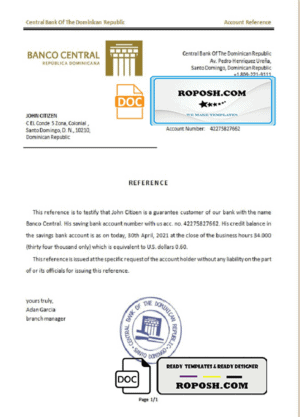Dominica Central Bank Of The Dominican Republic bank account balance reference letter template in Word and PDF format