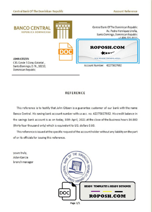 Dominica Central Bank Of The Dominican Republic bank account balance reference letter template in Word and PDF format