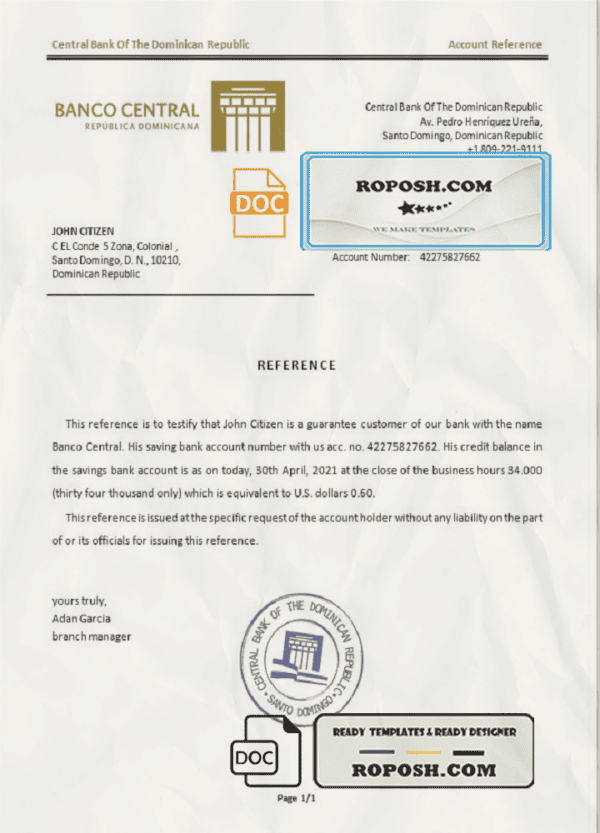 Dominica Central Bank Of The Dominican Republic bank account balance reference letter template in Word and PDF format