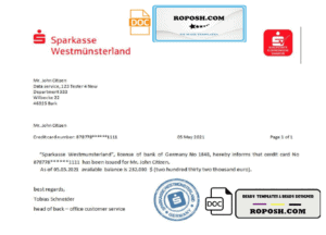 Germany Sparkasse bank account reference letter template in Word and PDF format
