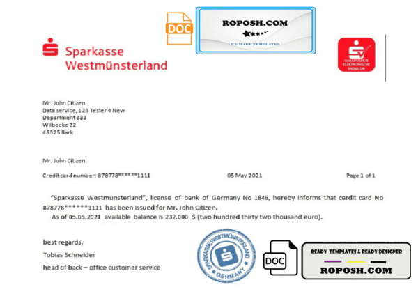 Germany Sparkasse bank account reference letter template in Word and PDF format