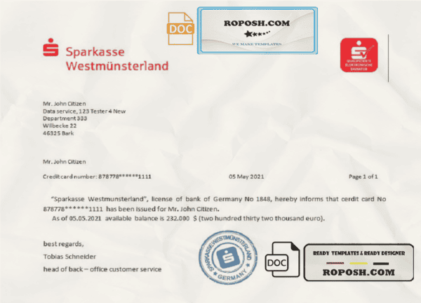 Germany Sparkasse bank account reference letter template in Word and PDF format