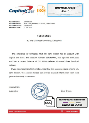 USA Capital One bank account reference letter template in Word and PDF format