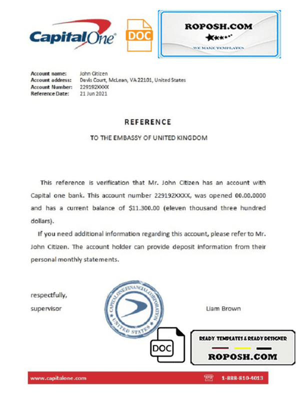 USA Capital One bank account reference letter template in Word and PDF format