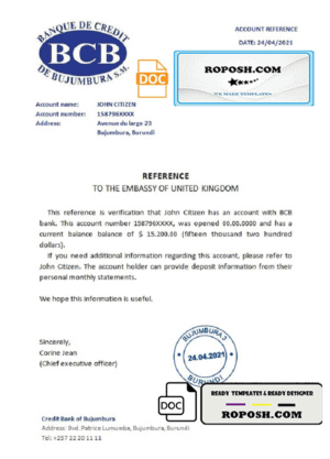Burundi Credit Bank of Bujumbura bank account reference letter template in Word and PDF format