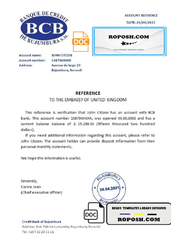 Burundi Credit Bank of Bujumbura bank account reference letter template in Word and PDF format