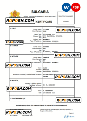 Bulgaria vital record birth certificate Word and PDF template, fully editable