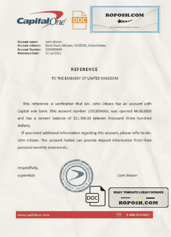 USA Capital One bank account reference letter template in Word and PDF format