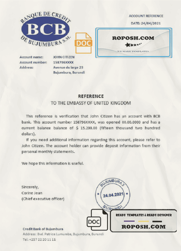 Burundi Credit Bank of Bujumbura bank account reference letter template in Word and PDF format