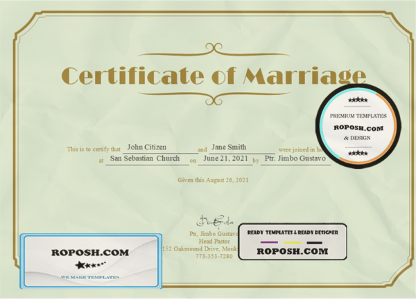 USA Marriage certificate template in Word and PDF format scan effect