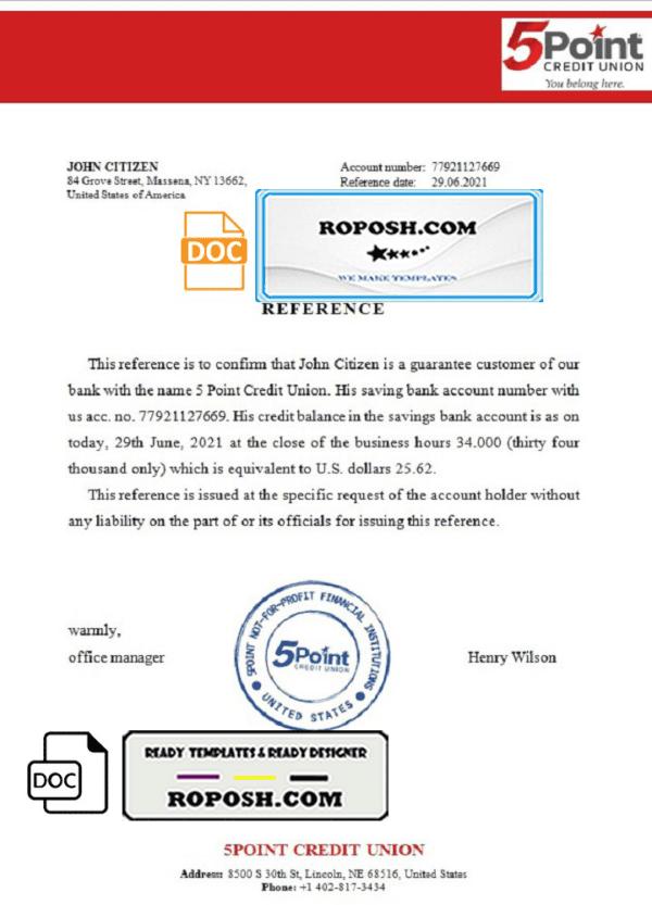 USA 5Point bank account reference letter template in Word and PDF format