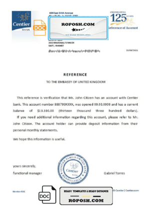USA Centier Bank bank account reference letter template in Word and PDF format