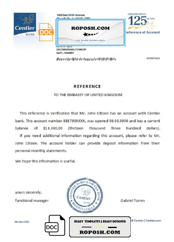 USA Centier Bank bank account reference letter template in Word and PDF format