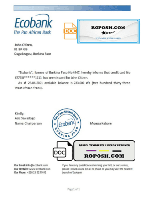 Burkina Faso Ecobank bank reference letter template in Word and PDF format