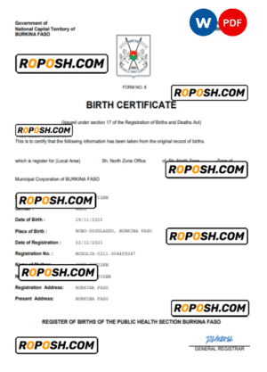 Burkina Faso birth certificate Word and PDF template, completely editable