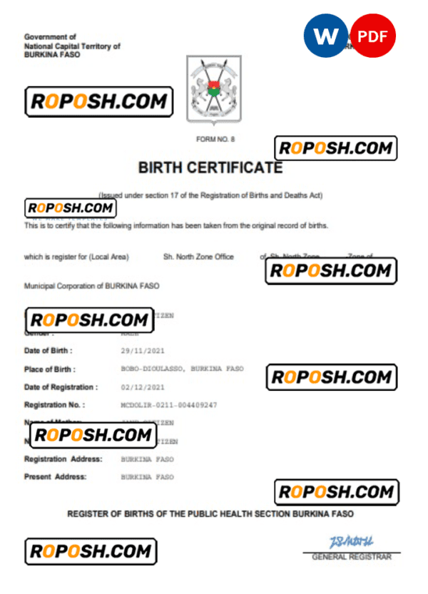 Burkina Faso birth certificate Word and PDF template, completely editable