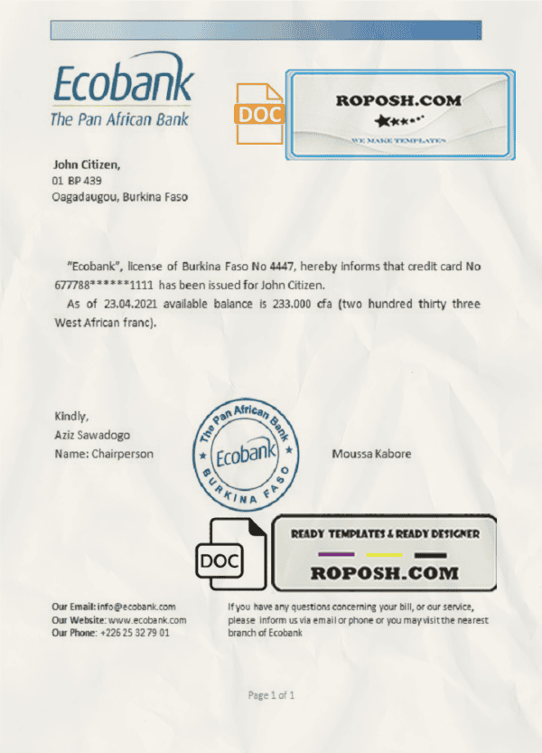 Burkina Faso Ecobank bank reference letter template in Word and PDF format