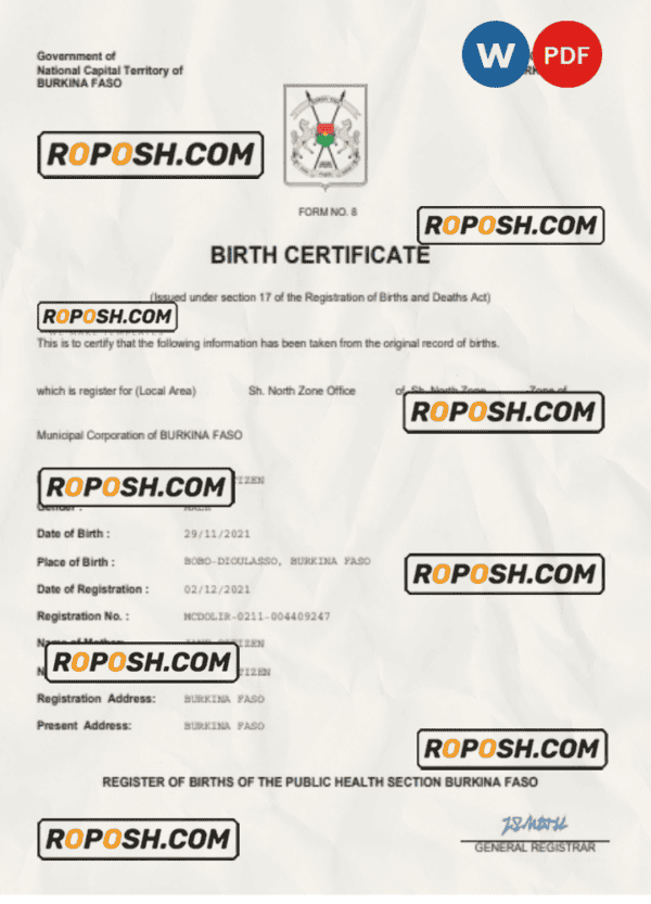 Burkina Faso birth certificate Word and PDF template, completely editable