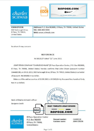 USA Charles Schwab bank reference letter template in Word and PDF format