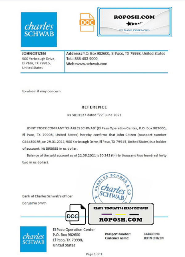USA Charles Schwab bank reference letter template in Word and PDF format