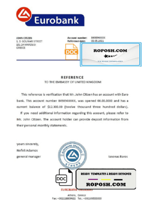 Greece Eurobank bank reference letter template in Word and PDF format