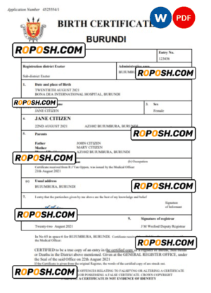 Burundi vital record birth certificate Word and PDF template, completely editable