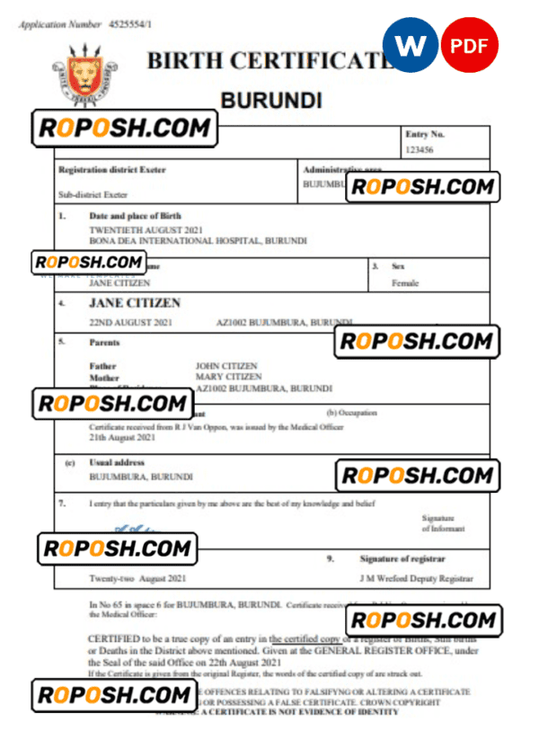 Burundi vital record birth certificate Word and PDF template, completely editable