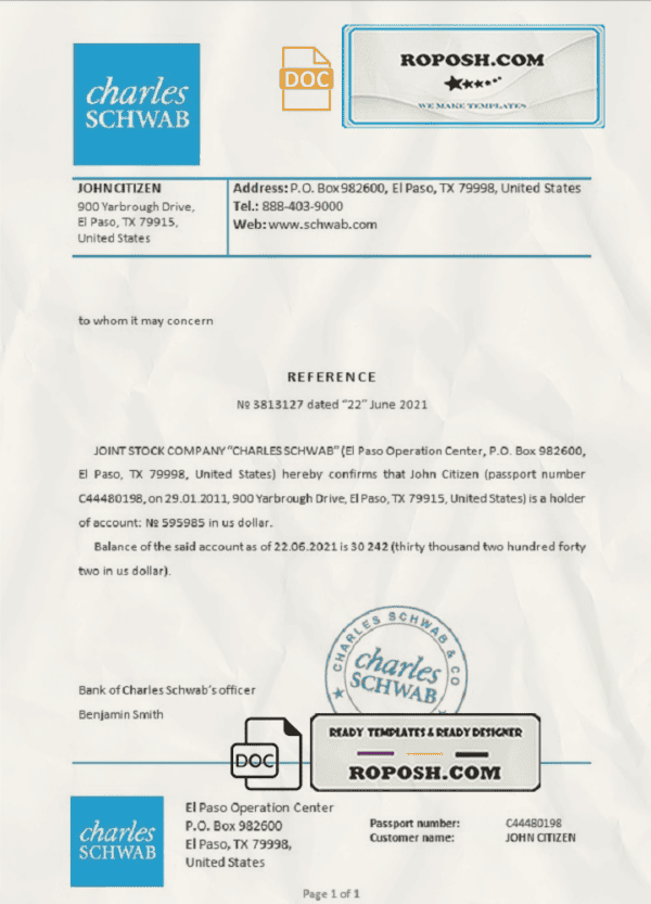 USA Charles Schwab bank reference letter template in Word and PDF format
