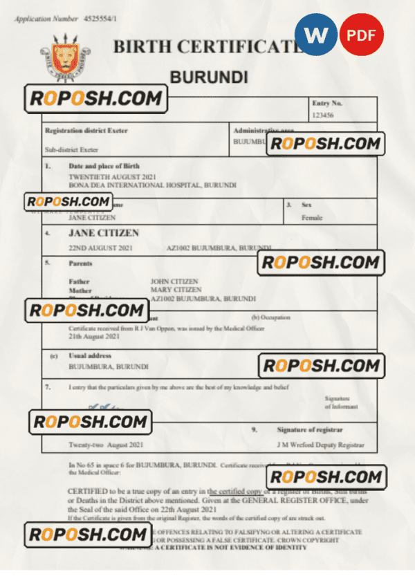 Burundi vital record birth certificate Word and PDF template, completely editable