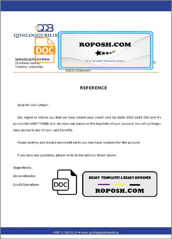 Uzbekistan Qishloq Qurilish Bank account closure reference letter template in Word and PDF format