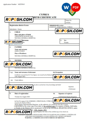 Cyprus birth certificate Word and PDF template, completely editable