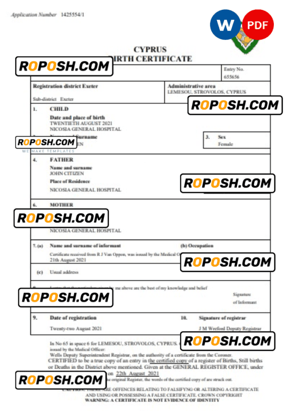 Cyprus birth certificate Word and PDF template, completely editable