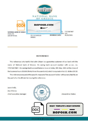 Greece National Bank of Greece bank reference letter template in Word and PDF format