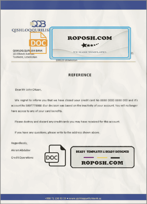 Uzbekistan Qishloq Qurilish Bank account closure reference letter template in Word and PDF format