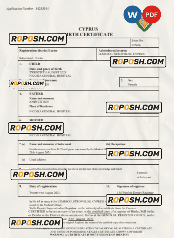 Cyprus birth certificate Word and PDF template, completely editable