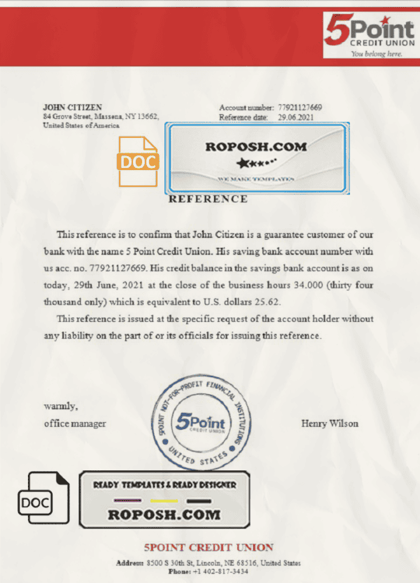 USA 5Point bank account reference letter template in Word and PDF format