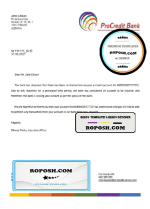Albania ProCredit bank account closure reference letter template in Word and PDF format