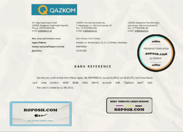Kazakhstan Qazkom bank account closure reference letter template in Word and PDF format