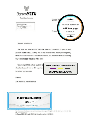 Angola Banco Yetu bank account closure reference letter template in Word and PDF format