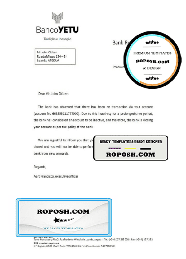 Angola Banco Yetu bank account closure reference letter template in Word and PDF format