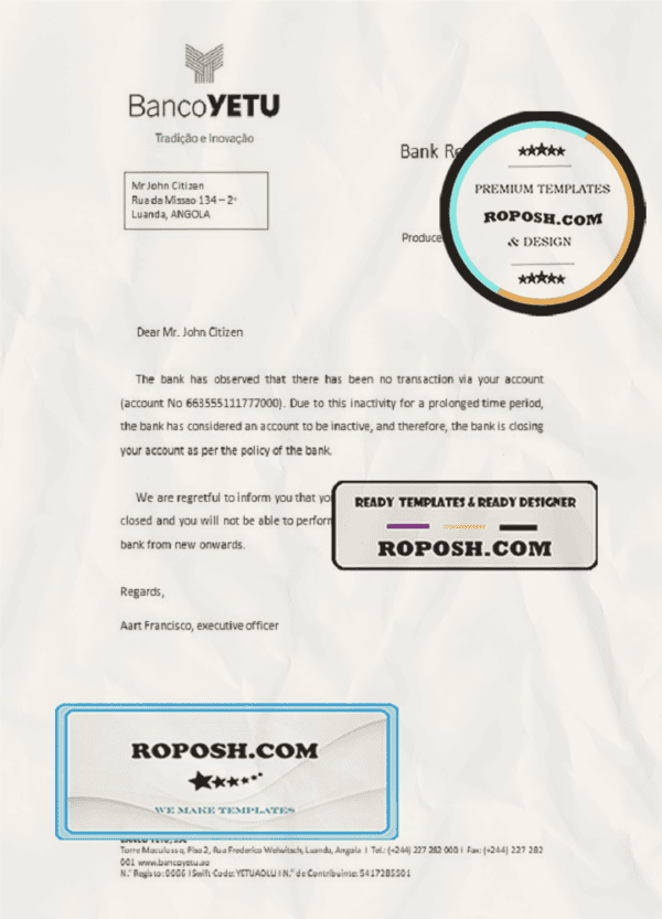Angola Banco Yetu bank account closure reference letter template in Word and PDF format