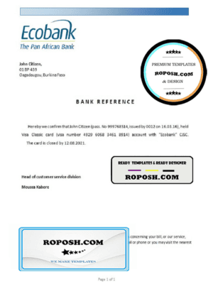 Burkina Faso Ecobank bank account closure reference letter template in Word and PDF format