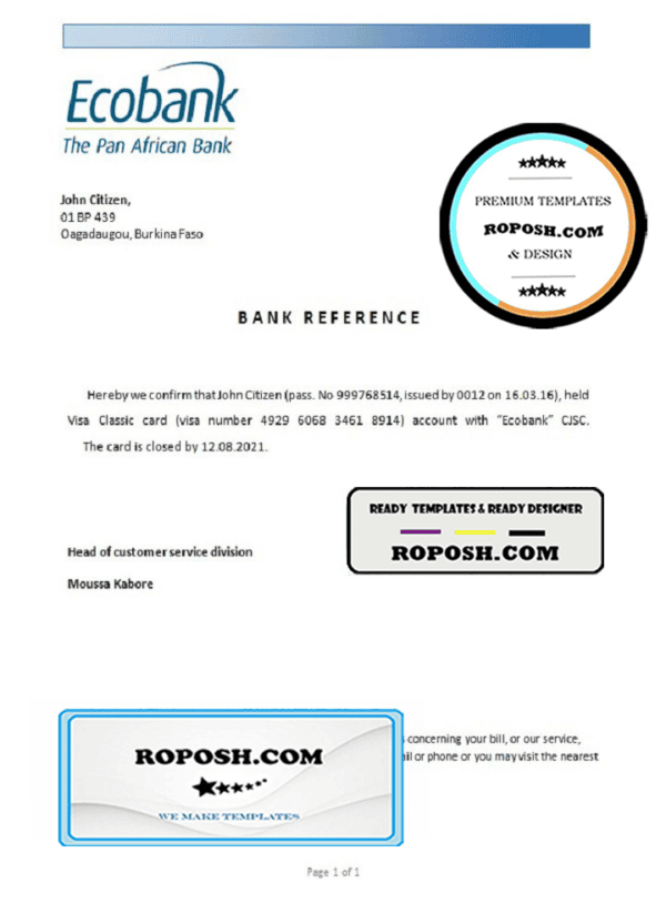 Burkina Faso Ecobank bank account closure reference letter template in Word and PDF format