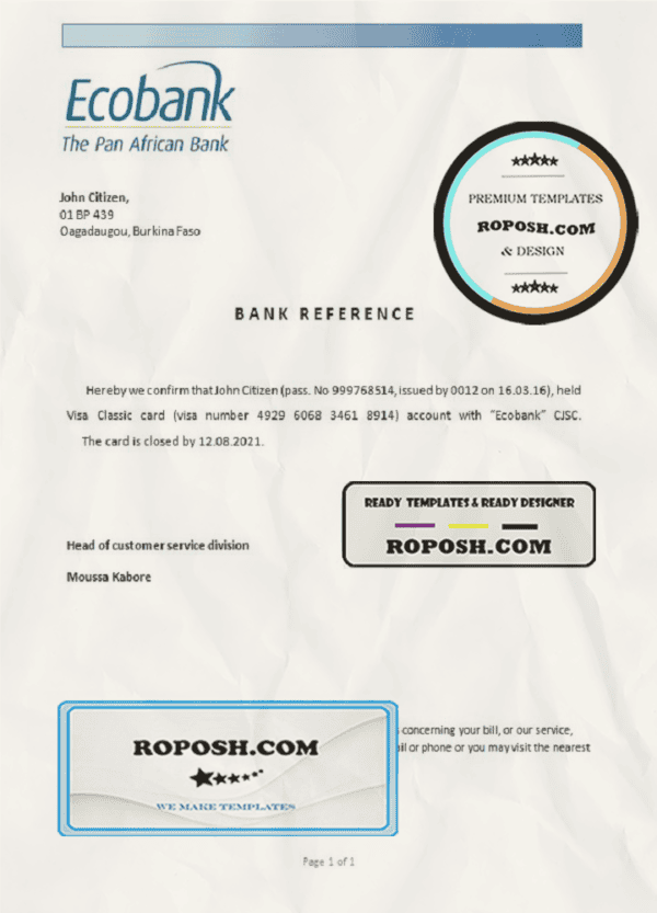 Burkina Faso Ecobank bank account closure reference letter template in Word and PDF format