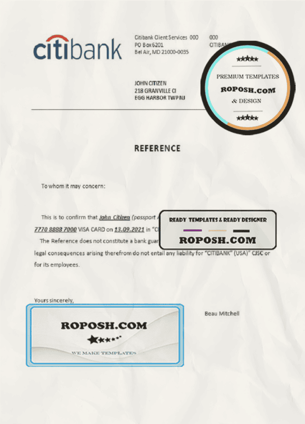 USA Citibank bank account closure reference letter template in Word and PDF format
