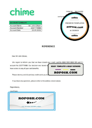 USA Chime bank account closure reference letter template in Word and PDF format