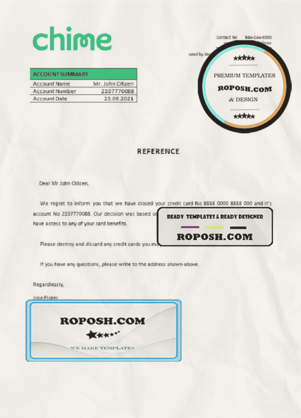 USA Chime bank account closure reference letter template in Word and PDF format