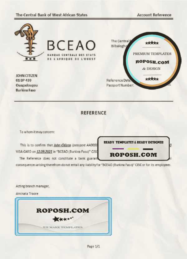 Burkina Faso The Central Bank of West African States bank account closure reference letter template in Word and PDF format