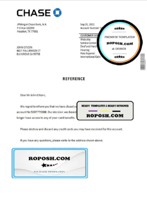 USA Chase bank account closure reference letter template in Word and PDF format