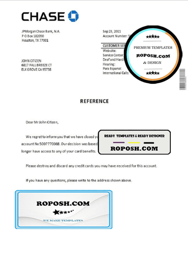 USA Chase bank account closure reference letter template in Word and PDF format